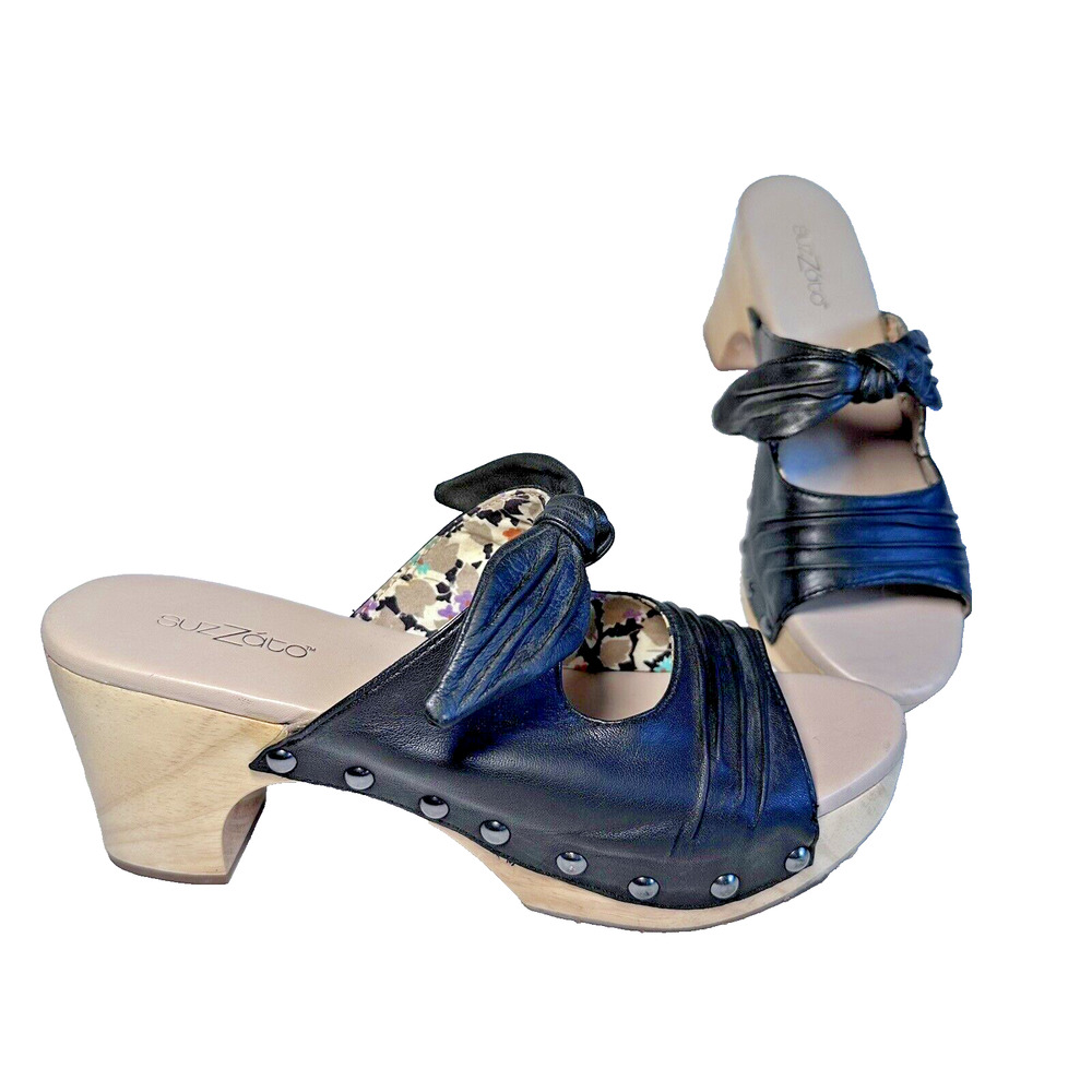 SuzZato Women's Sandals sz US 7.5 Wedge Wood Heels Leather Bows‎ EU 38 - NEW